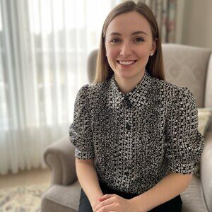 Bebe Silk Blouse Medium Puff Sleeve Black/white Button Sophisticate Flowy Preppy